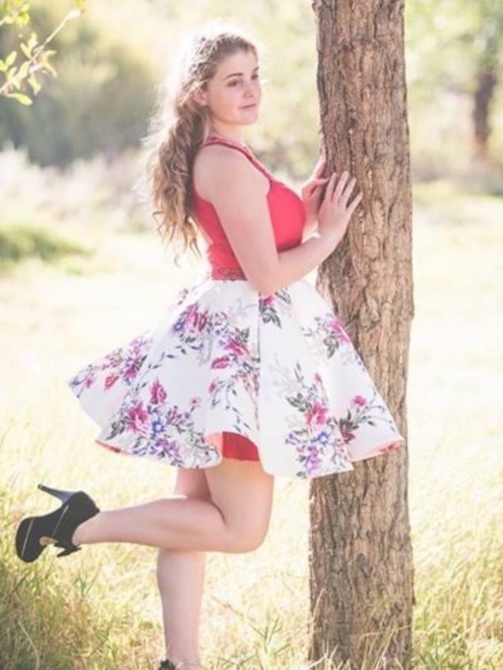 Floral White A-Line Skirt with Pink and Red Floral Print